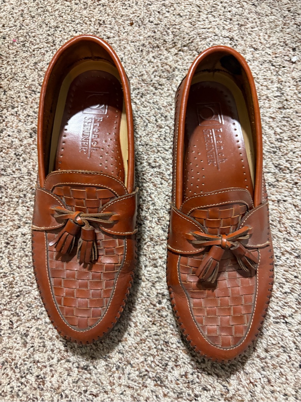 French Shriner sz 11 Men's Brown Woven Leather Tassel Loafers traditional EUC